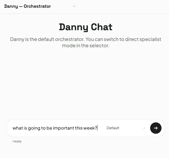 Orchestration diagram carrying the full chain: Request → Danny → internal resources (agents, knowledge, transcripts, skills, tools) → Danny → Result. Danny stays the only point of contact on both ends. Add a smaller chat screenshot showing the visible agent call chain.